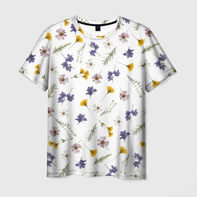 Мужская футболка 3D с принтом Простые цветы на белом фоне в Петрозаводске, 100% полиэфир | прямой крой, круглый вырез горловины, длина до линии бедер | белый фон | василек | весна | веточки | детский принт | летний принт | лето | милый принт | наивный принт | пионы | простые цветы | разноцветные цветы | ромашки | сирень | цветочки | цветочный дизайн