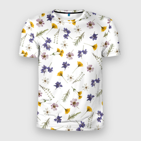 Мужская футболка 3D Slim с принтом Простые цветы на белом фоне в Екатеринбурге, 100% полиэстер с улучшенными характеристиками | приталенный силуэт, круглая горловина, широкие плечи, сужается к линии бедра | Тематика изображения на принте: белый фон | василек | весна | веточки | детский принт | летний принт | лето | милый принт | наивный принт | пионы | простые цветы | разноцветные цветы | ромашки | сирень | цветочки | цветочный дизайн
