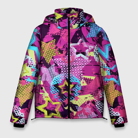 Мужская зимняя куртка 3D с принтом Star Colorful Pattern   Fashion   Neon в Новосибирске, верх — 100% полиэстер; подкладка — 100% полиэстер; утеплитель — 100% полиэстер | длина ниже бедра, свободный силуэт Оверсайз. Есть воротник-стойка, отстегивающийся капюшон и ветрозащитная планка. 

Боковые карманы с листочкой на кнопках и внутренний карман на молнии. | Тематика изображения на принте: color | fashion | neon | star | звезда | мода | неон | цвет