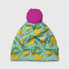 Шапка 3D c помпоном с принтом Banana pattern   Summer   Fashion 2022 в Тюмени, 100% полиэстер | универсальный размер, печать по всей поверхности изделия | banana | fashion | pattern | summer | банан | лето | мода | узор