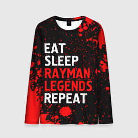 Мужской лонгслив 3D с принтом Eat Sleep Rayman Legends Repeat + Брызги в Тюмени, 100% полиэстер | длинные рукава, круглый вырез горловины, полуприлегающий силуэт | eat sleep rayman legends repeat | legends | logo | paint | rayman | брызги | игра | игры | краска | легенд | лого | логотип | райман | символ