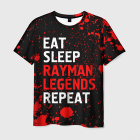 Мужская футболка 3D с принтом Eat Sleep Rayman Legends Repeat + Брызги в Тюмени, 100% полиэфир | прямой крой, круглый вырез горловины, длина до линии бедер | eat sleep rayman legends repeat | legends | logo | paint | rayman | брызги | игра | игры | краска | легенд | лого | логотип | райман | символ