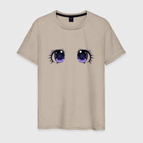 Мужская футболка хлопок с принтом Аниме глаза, космос в Белгороде, 100% хлопок | прямой крой, круглый вырез горловины, длина до линии бедер, слегка спущенное плечо. | kawaii | аниме | глаза | звезды | зрачки | космос | милые | сердечки | фиолетовые
