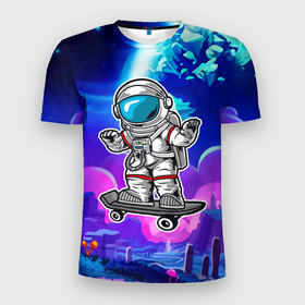 Мужская футболка 3D Slim с принтом Космонавт    скейтер в Кировске, 100% полиэстер с улучшенными характеристиками | приталенный силуэт, круглая горловина, широкие плечи, сужается к линии бедра | астронавт | космонавт | космос | скейт | скейтер