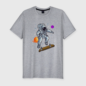 Мужская футболка хлопок Slim с принтом Космонавт прыгает на скейте в Кировске, 92% хлопок, 8% лайкра | приталенный силуэт, круглый вырез ворота, длина до линии бедра, короткий рукав | skate | космонавт | космос | скейт | скейтер