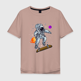 Мужская футболка хлопок Oversize с принтом Космонавт прыгает на скейте в Екатеринбурге, 100% хлопок | свободный крой, круглый ворот, “спинка” длиннее передней части | skate | космонавт | космос | скейт | скейтер