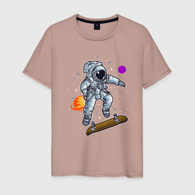 Мужская футболка хлопок с принтом Космонавт прыгает на скейте в Курске, 100% хлопок | прямой крой, круглый вырез горловины, длина до линии бедер, слегка спущенное плечо. | Тематика изображения на принте: skate | космонавт | космос | скейт | скейтер