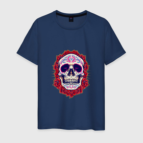 Мужская футболка хлопок с принтом Skull   Roses в Санкт-Петербурге, 100% хлопок | прямой крой, круглый вырез горловины, длина до линии бедер, слегка спущенное плечо. | death | devil | horror | skull | демон | дьявол | зло | зомби | призрак | розы | скелет | хоррор | череп