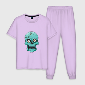 Мужская пижама хлопок с принтом Zombie Skull в Санкт-Петербурге, 100% хлопок | брюки и футболка прямого кроя, без карманов, на брюках мягкая резинка на поясе и по низу штанин
 | death | devil | horror | skull | zombie | демон | дьявол | зло | зомби | призрак | скелет | хоррор | хэллоуин | череп