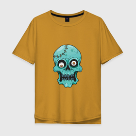 Мужская футболка хлопок Oversize с принтом Zombie Skull в Санкт-Петербурге, 100% хлопок | свободный крой, круглый ворот, “спинка” длиннее передней части | death | devil | horror | skull | zombie | демон | дьявол | зло | зомби | призрак | скелет | хоррор | хэллоуин | череп