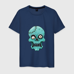 Мужская футболка хлопок с принтом Zombie Skull в Екатеринбурге, 100% хлопок | прямой крой, круглый вырез горловины, длина до линии бедер, слегка спущенное плечо. | death | devil | horror | skull | zombie | демон | дьявол | зло | зомби | призрак | скелет | хоррор | хэллоуин | череп