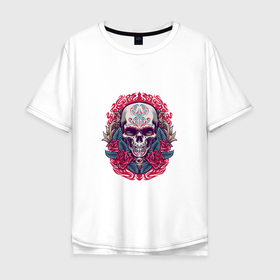 Мужская футболка хлопок Oversize с принтом Roses Skull в Курске, 100% хлопок | свободный крой, круглый ворот, “спинка” длиннее передней части | death | devil | horror | rose | skull | демон | дьявол | зло | зомби | призрак | роза | розы | скелет | хоррор | цветы | череп