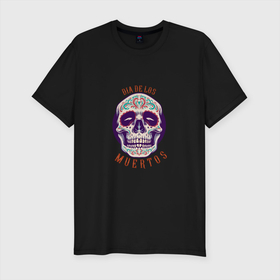 Мужская футболка хлопок Slim с принтом De Los Muertos , 92% хлопок, 8% лайкра | приталенный силуэт, круглый вырез ворота, длина до линии бедра, короткий рукав | death | devil | horror | muerto | skull | демон | дьявол | зло | зомби | мексика | муэрто | призрак | скелет | хоррор | череп