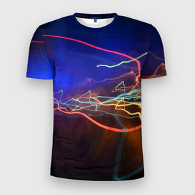 Мужская футболка 3D Slim с принтом Neon vanguard pattern   Lightning   Fashion 2023 в Новосибирске, 100% полиэстер с улучшенными характеристиками | приталенный силуэт, круглая горловина, широкие плечи, сужается к линии бедра | fashion | lightning | neon | pattern | vanguard | авангард | мода | молния | неон | узор