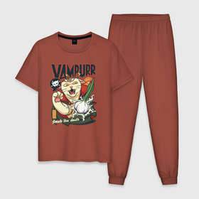 Мужская пижама хлопок с принтом Vampurr: Smells Like Death в Белгороде, 100% хлопок | брюки и футболка прямого кроя, без карманов, на брюках мягкая резинка на поясе и по низу штанин
 | Тематика изображения на принте: anime | cute | dracula | horror | meow | paw | retro | vampire | vampurr | vintage | вампир | веган | вегетарианец | винтаж | дракула | запах | испуг | клыки | кот | котейка | котик | котэ | лапа | молния | мяу | овощи | плащ | ретро | ужас