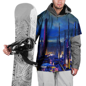 Накидка на куртку 3D с принтом Город будущего   Неон , 100% полиэстер |  | Тематика изображения на принте: city | future | neon | skyscrapers | будущее | город | неон