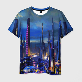 Мужская футболка 3D с принтом Город будущего   Неон в Санкт-Петербурге, 100% полиэфир | прямой крой, круглый вырез горловины, длина до линии бедер | city | future | neon | skyscrapers | будущее | город | неон