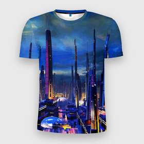 Мужская футболка 3D Slim с принтом Город будущего   Неон в Екатеринбурге, 100% полиэстер с улучшенными характеристиками | приталенный силуэт, круглая горловина, широкие плечи, сужается к линии бедра | city | future | neon | skyscrapers | будущее | город | неон