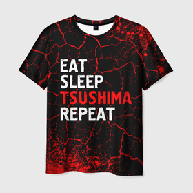 Мужская футболка 3D с принтом Eat Sleep Tsushima Repeat   Краска , 100% полиэфир | прямой крой, круглый вырез горловины, длина до линии бедер | eat sleep tsushima repeat | ghost | logo | tsushima | гост | игра | игры | краска | краски | лого | логотип | призрак | символ | цусима | цусимы