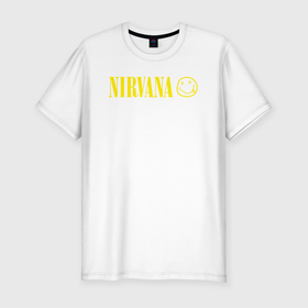 Мужская футболка хлопок Slim с принтом nirvana logo в Белгороде, 92% хлопок, 8% лайкра | приталенный силуэт, круглый вырез ворота, длина до линии бедра, короткий рукав | dave grohl | geffen | krist novoselic | kurt cobain | nirvana | rock | smile | курт кобейн | нирвана | смайл