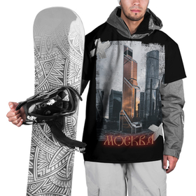 Накидка на куртку 3D с принтом Москоу Сити в Тюмени, 100% полиэстер |  | moscow city | архитектура | город | москва | пасмурное небо | россия | черный фон