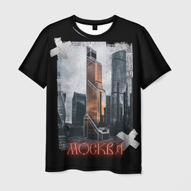 Мужская футболка 3D с принтом Москоу Сити в Тюмени, 100% полиэфир | прямой крой, круглый вырез горловины, длина до линии бедер | moscow city | архитектура | город | москва | пасмурное небо | россия | черный фон