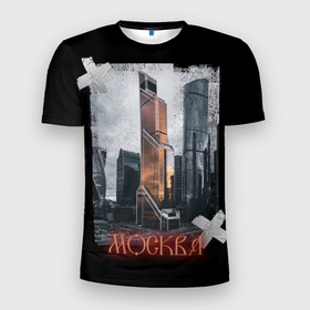 Мужская футболка 3D Slim с принтом Москоу Сити в Кировске, 100% полиэстер с улучшенными характеристиками | приталенный силуэт, круглая горловина, широкие плечи, сужается к линии бедра | moscow city | архитектура | город | москва | пасмурное небо | россия | черный фон
