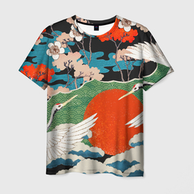 Мужская футболка 3D с принтом Воспоминания об Японии , 100% полиэфир | прямой крой, круглый вырез горловины, длина до линии бедер | аисты | искусство | картина | пейзаж | япония