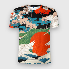 Мужская футболка 3D Slim с принтом Воспоминания об Японии в Курске, 100% полиэстер с улучшенными характеристиками | приталенный силуэт, круглая горловина, широкие плечи, сужается к линии бедра | аисты | искусство | картина | пейзаж | япония