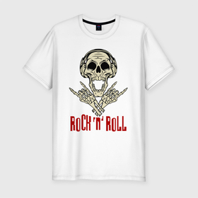 Мужская футболка хлопок Slim с принтом Rock n Roll   Skull в Курске, 92% хлопок, 8% лайкра | приталенный силуэт, круглый вырез ворота, длина до линии бедра, короткий рукав | bones | fingers | gesture | headphones | jaw | music | rock n roll | skull | teeth | жест | зубы | кости | музыка | пальцы | пасть | рок н ролл | череп