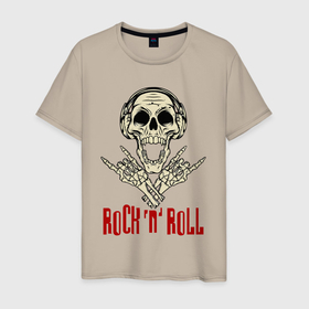 Мужская футболка хлопок с принтом Rock n Roll   Skull в Кировске, 100% хлопок | прямой крой, круглый вырез горловины, длина до линии бедер, слегка спущенное плечо. | bones | fingers | gesture | headphones | jaw | music | rock n roll | skull | teeth | жест | зубы | кости | музыка | пальцы | пасть | рок н ролл | череп