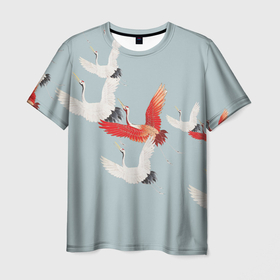 Мужская футболка 3D с принтом Стая журавлей , 100% полиэфир | прямой крой, круглый вырез горловины, длина до линии бедер | журавль | оперение | птица | стая | япония