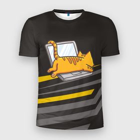 Мужская футболка 3D спортивная с принтом Котик лежит на ноутбуке в Новосибирске, 100% полиэстер с улучшенными характеристиками | приталенный силуэт, круглая горловина, широкие плечи, сужается к линии бедра | Тематика изображения на принте: кот | кот на ноутбуке | котенок | котик | кошка | ноут | ноутбук | сон