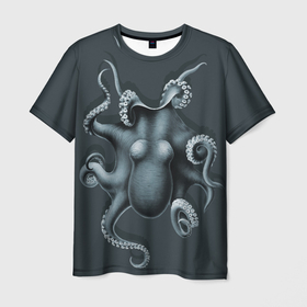 Мужская футболка 3D с принтом Серый осьминог в Петрозаводске, 100% полиэфир | прямой крой, круглый вырез горловины, длина до линии бедер | Тематика изображения на принте: молюск | морской житель | осьминог | осьминожка | спрут | щупальца