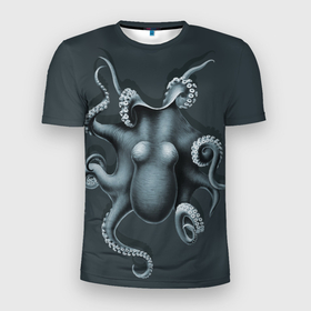 Мужская футболка 3D Slim с принтом Серый осьминог в Санкт-Петербурге, 100% полиэстер с улучшенными характеристиками | приталенный силуэт, круглая горловина, широкие плечи, сужается к линии бедра | Тематика изображения на принте: молюск | морской житель | осьминог | осьминожка | спрут | щупальца