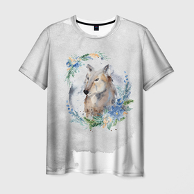 Мужская футболка 3D с принтом Волк  в венке в Тюмени, 100% полиэфир | прямой крой, круглый вырез горловины, длина до линии бедер | wolf | венок | ветки | волк | волчица | листья