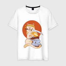 Мужская футболка хлопок с принтом Японский кот самурай   Japanese Samurai Cat в Санкт-Петербурге, 100% хлопок | прямой крой, круглый вырез горловины, длина до линии бедер, слегка спущенное плечо. | Тематика изображения на принте: animal | animals | cat | katana | kitten | kitty | puss | pussycat | rising sun | ronin | sun | восходящее солнце | животные | зверь | катана | кот с катаной | кот с мечом | котейка | котенок | котик | котище | котэ | котяра | кошечка | кошка