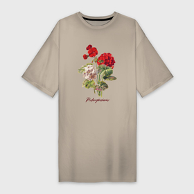 Платье-футболка хлопок с принтом Пеларгония герань цветы иллюстрация ,  |  | герань | комнатное растение | комнатный цветок | красный цветок | пеларгония | цветы