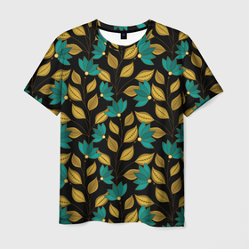 Мужская футболка 3D с принтом Золотые и зеленые листья в Екатеринбурге, 100% полиэфир | прямой крой, круглый вырез горловины, длина до линии бедер | Тематика изображения на принте: abstract | абстракция | геометрия | калейдоскоп | линии | паттерн | текстура | узор | узоры
