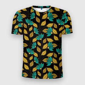 Мужская футболка 3D Slim с принтом Золотые и зеленые листья в Екатеринбурге, 100% полиэстер с улучшенными характеристиками | приталенный силуэт, круглая горловина, широкие плечи, сужается к линии бедра | abstract | абстракция | геометрия | калейдоскоп | линии | паттерн | текстура | узор | узоры