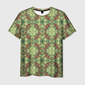 Мужская футболка 3D с принтом Зеленые и коричневые узоры в Кировске, 100% полиэфир | прямой крой, круглый вырез горловины, длина до линии бедер | abstract | абстракция | геометрия | калейдоскоп | линии | паттерн | текстура | узор | узоры