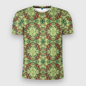 Мужская футболка 3D Slim с принтом Зеленые и коричневые узоры в Санкт-Петербурге, 100% полиэстер с улучшенными характеристиками | приталенный силуэт, круглая горловина, широкие плечи, сужается к линии бедра | abstract | абстракция | геометрия | калейдоскоп | линии | паттерн | текстура | узор | узоры