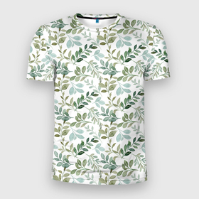 Мужская футболка 3D Slim с принтом Зеленые листья на белом фоне в Новосибирске, 100% полиэстер с улучшенными характеристиками | приталенный силуэт, круглая горловина, широкие плечи, сужается к линии бедра | белый фон | зеленые листья | лист | листья | растения | растительный