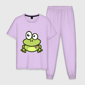 Мужская пижама хлопок с принтом Забавный зеленый лягушонок , 100% хлопок | брюки и футболка прямого кроя, без карманов, на брюках мягкая резинка на поясе и по низу штанин
 | веселый | забавный | зеленый | ква | лягушка | лягушонок