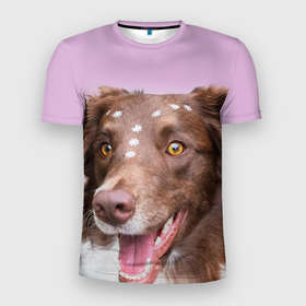Мужская футболка 3D Slim с принтом Веселая Бордер колли в Петрозаводске, 100% полиэстер с улучшенными характеристиками | приталенный силуэт, круглая горловина, широкие плечи, сужается к линии бедра | dog | бордер | бордер колли | дог | домашние животные | колли | питомцы | собака | собаки