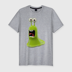 Мужская футболка хлопок Slim с принтом Испуганный слизняк в Санкт-Петербурге, 92% хлопок, 8% лайкра | приталенный силуэт, круглый вырез ворота, длина до линии бедра, короткий рукав | зеленый | инопланетный | инопланетянин | испуганный | мультик | мультяшный | слизнюк | слизняк