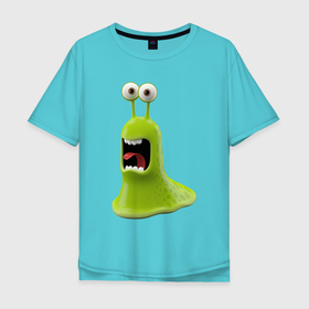 Мужская футболка хлопок Oversize с принтом Испуганный слизняк в Новосибирске, 100% хлопок | свободный крой, круглый ворот, “спинка” длиннее передней части | зеленый | инопланетный | инопланетянин | испуганный | мультик | мультяшный | слизнюк | слизняк