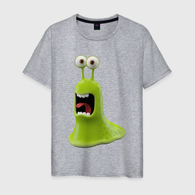 Мужская футболка хлопок с принтом Испуганный слизняк в Петрозаводске, 100% хлопок | прямой крой, круглый вырез горловины, длина до линии бедер, слегка спущенное плечо. | зеленый | инопланетный | инопланетянин | испуганный | мультик | мультяшный | слизнюк | слизняк