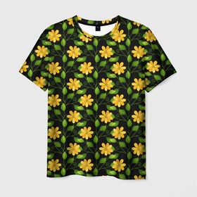 Мужская футболка 3D с принтом Желтые цветочки  паттерн в Новосибирске, 100% полиэфир | прямой крой, круглый вырез горловины, длина до линии бедер | abstract | абстракция | геометрия | желтые цветы | калейдоскоп | линии | паттерн | текстура | узор | узоры | цветы