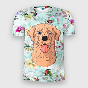 Мужская футболка 3D Slim с принтом Морда  пса с высунутым языком в Новосибирске, 100% полиэстер с улучшенными характеристиками | приталенный силуэт, круглая горловина, широкие плечи, сужается к линии бедра | пес | песик | собака | собачка | язык